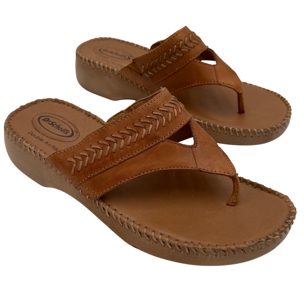 Dr. Scholls Susie 2 Tan Leather Thong Sandals Whipstitch Wedge Women's 8